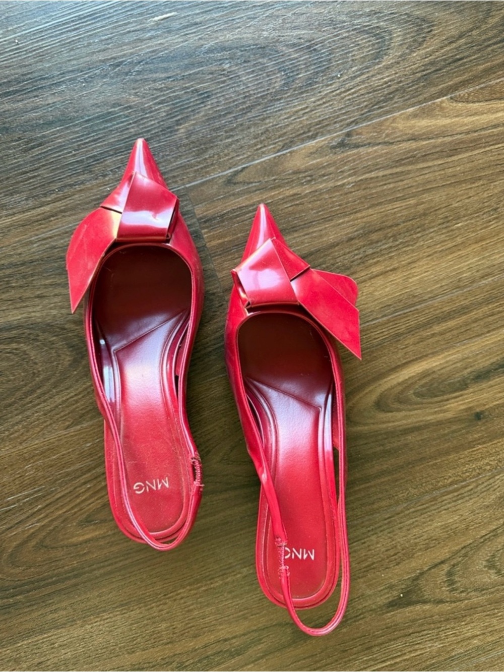 Mango Bright Red Pointed Slingback Flats with Bow Accent